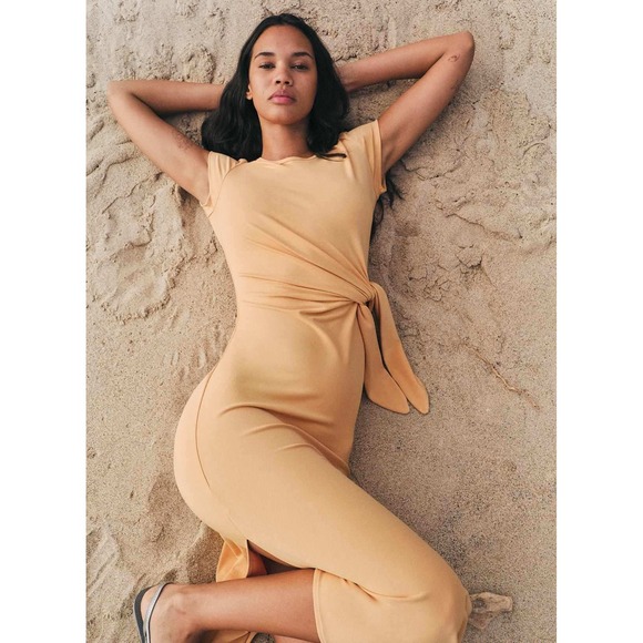 Wilfred Aritzia Fortune Side Tie Midi Dress Apricot Yellow Short Sleeve Slit Med - Picture 2 of 16